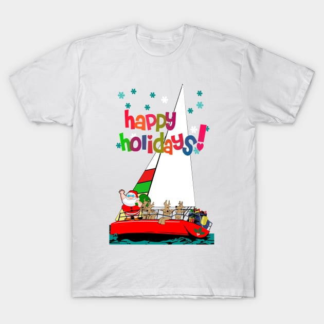 Santa in Sailboat at Christmas T-Shirt by Sailfast